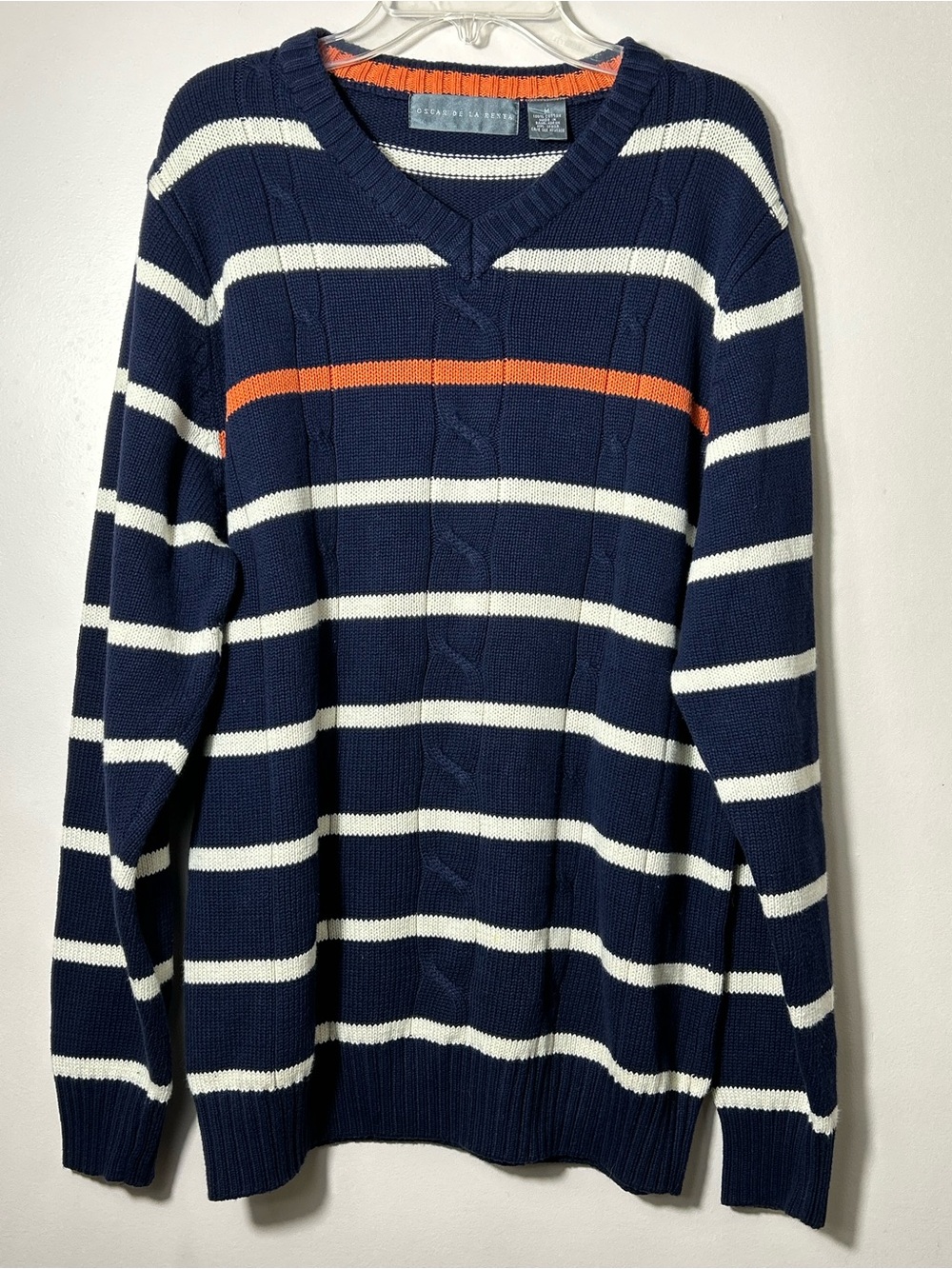 Oscar de la Renta Navy, White & Orange Striped V-Neck Sweater Nautical Preppy M